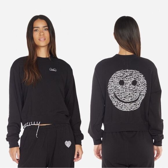 NWOT LAUREN MOSHI Sweatshirt XS Black Graphic White-Embroidery”Happy-face”Long-S - Picture 1 of 11